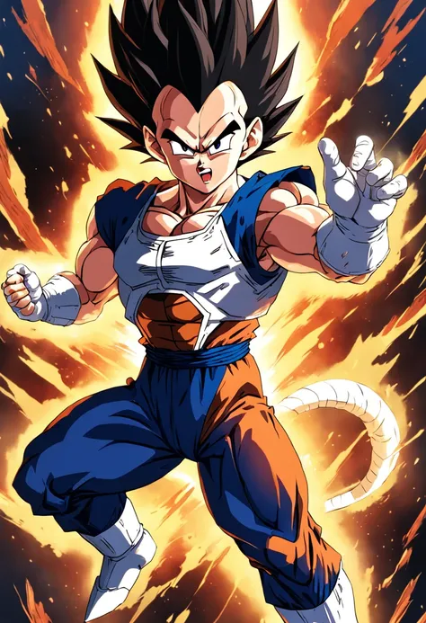 "Create a dynamic movie poster in the iconic style of Akira Toriyamas Dragon Ball Z, featuring Vegeta unleashing his full power as he transforms into Super Saiyan."