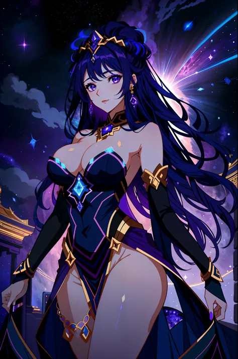 A grand divine cosmic goddess, (2d illustration:1.2), Dark, purple, blue, starry, (imposing), (grand), (1woman:1.3), ((sfw:1.4))