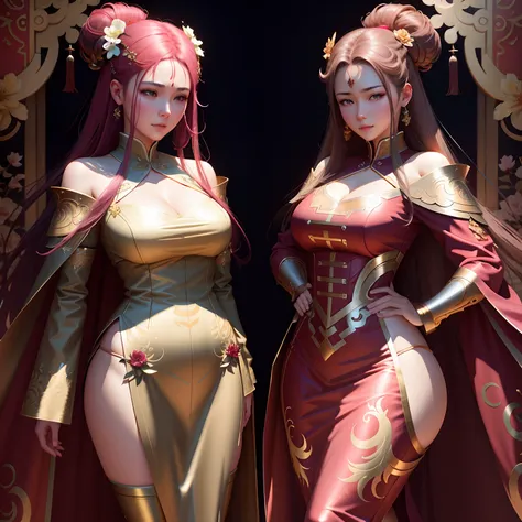 Two women dressed in Han costumes are in front of the door,（adorned in majestic attire） （Royal princess）（A princess）WLOP and Sakimichan, 3 D rendering character art 8 K, trending on cgstation, Ruan Jia and Artgerm, krenz cushart and wenjun lin, 2. 5 D CGI ...