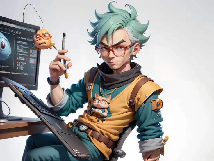 A young man with glasses sits at his desk，holding laptop，digitial painting，3D character design by Mark Clairen and Pixar and Hayao Miyazaki and Akira Toriyama，4K HD illustration，Very detailed facial features and cartoon-style visuals。