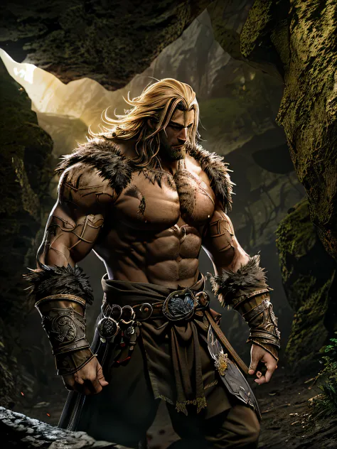 Beowulf, epic sense, Warriors in ragged skin, Muscular, Scarred, with short golden hair, Tall, Noble, Extremely strong, There is a dimly lit cave in the background, Shadows in the distance, High contrast, Glossy glossy skin, The light from the back window ...