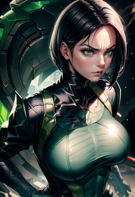 Masterpiece, Best quality,Look at the woman from below ，《Fearless viper》, tightsuit, mitts, belt, thigh boots, respirator, view the viewer, face, Portrait, Close-up, Red-faced，Glowing eyes, green smoke, Black background,huge tit，Raised chest，Close-up of ch...