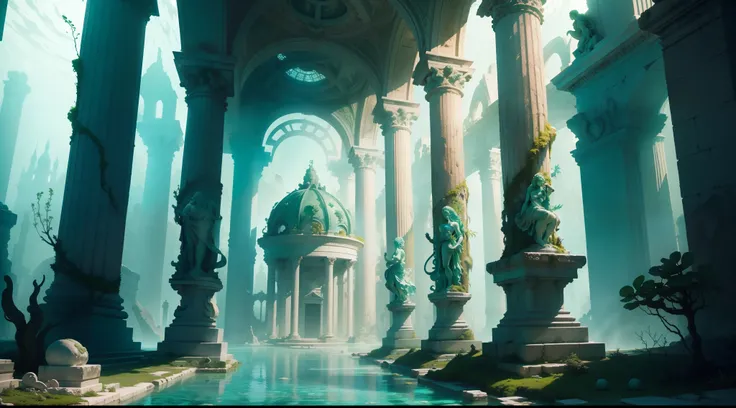 City of Atlantis under the sea, (marble statues, underwater ruins, moss-covered, magnificent, beautiful, mysterious), (colored in green, large-scale framing, high saturation), underwater environment, depth of field, dreamlike, aesthetic pictorial