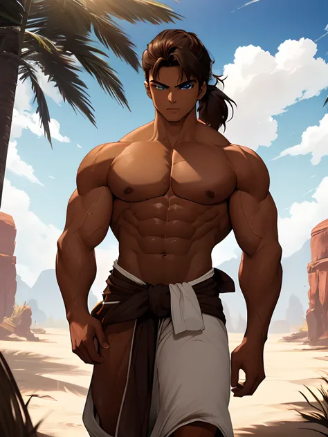 TAN BOY. Conan Exiles Style, standing front, (((((FRONT))))) whole body volumetric lighting, muscles highlighted by light, Young, bald-headed warrior with a short sword, has no chest hair (16 years old) (young face), sun tanned skin (Brown skin), aesthetic...