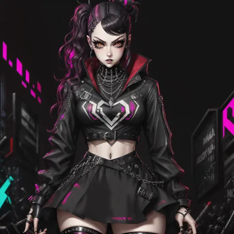 um close up de uma mulher de camisa preta e saia preta, vestido com roupas crustpunk, Estilo Persona 5, Cyberpunk, Todas as roupas pretas cyberpunk, roupa estilo cyberpunk, usando cyberpunk, mechanic punk outfit, darkwave goth aesthetic, neo goth, mall got...