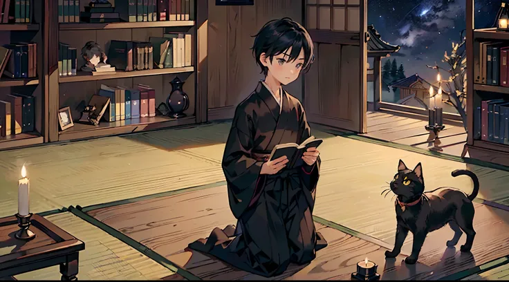 #night sky (darkness of night,no light,stars),
#a writing boy (16 male、Honor Students、A dark-haired、short-hair、hakama,sit flat),
#black room at night (no light,black cat,wooden low table,one candle,pretty tatami,a lot of books,bookshelf)