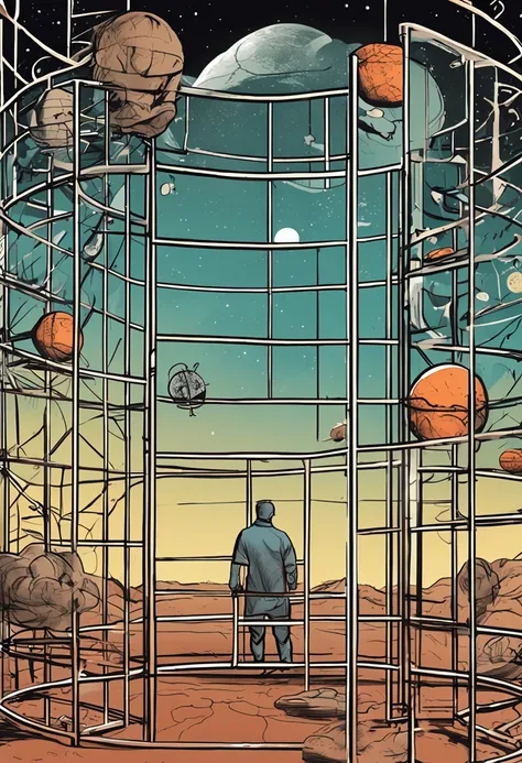 Imagine that planet Earth is represented as a floating cage in space, with the parallels and meridians forming the bars of the cage. The cage door is open, allowing free entry and exit. The visual style of this representation is similar to the caricatures ...