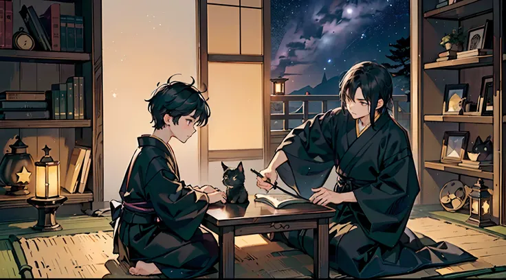 #night sky (darkness of night,no light,stars),
#writing boy (16 male、Honor Students、A dark-haired、short-hair、hakama,sit flat),
#black room at night (no light,black cat,wooden low table,one candle,pretty tatami,a lot of books,bookshelf)