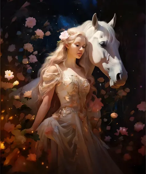 imagem arafed de uma mulher em um vestido com um cavalo, bela arte de fantasia, pintura de fantasia bonita, arte de fantasia muito bonita, por Yang J, breathtaking fantasy art, retrato bonito da arte da fantasia, Directed by: Cynthia Sheppard, Directed by:...