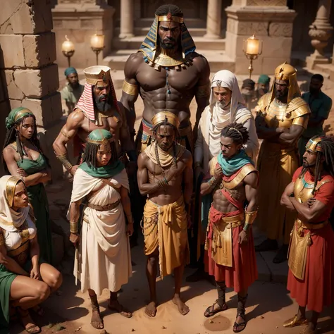 ((Vibrant lighting, Best quality at best, 8K, ​masterpiece: 1.3)), foco nítido: 1.2,Creating an image depicting Hebrew slavery in ancient Egypt, Showing the Hebrews working under oppression, Contrast with the grandeur of Egyptian civilization. Use dark col...