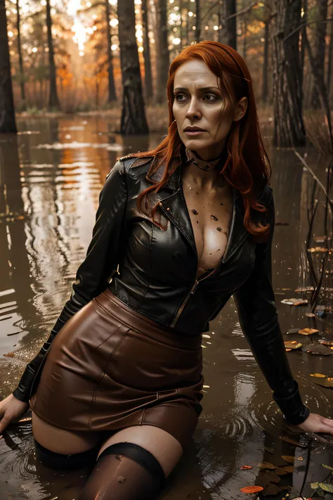 woods. warm lighting, The woman, (sensually drowning in a swamp), ((pencil skirt)), Stockings with garters, leather jacket. (Tormented by lust:1.2), (emaciated face:1.3), (dehydrated face:1.4), Copper-red hair