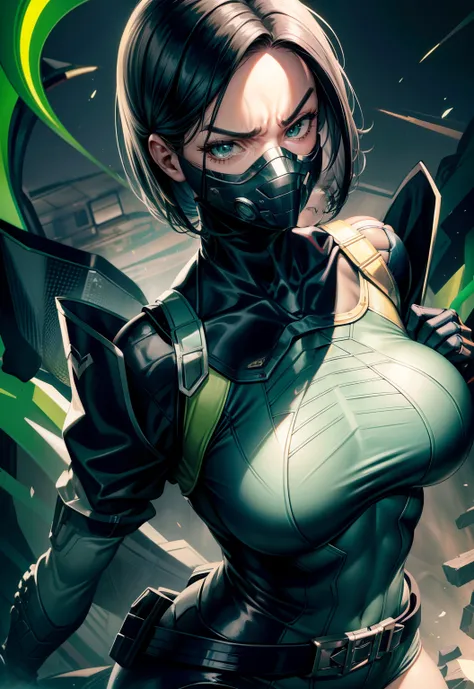 Masterpiece, Best quality,Look at the woman from below ，《Fearless viper》, tightsuit, mitts, belt, thigh boots, respirator, view the viewer, face, Portrait, Close-up, Red-faced，Glowing eyes, green smoke, Black background,huge tit，Raised chest，Close-up of ch...