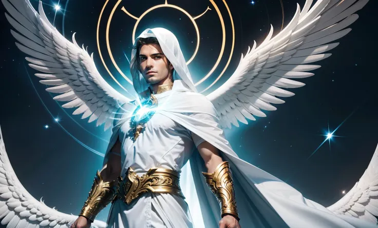 Descreva detalhadamente a figura de um homem, Archangel with angelic features turned completely to the left. Include information about your appearance, como o cabelo branco, longo e liso, as asas brancas e angelicais em suas costas, bem como sua beleza ext...