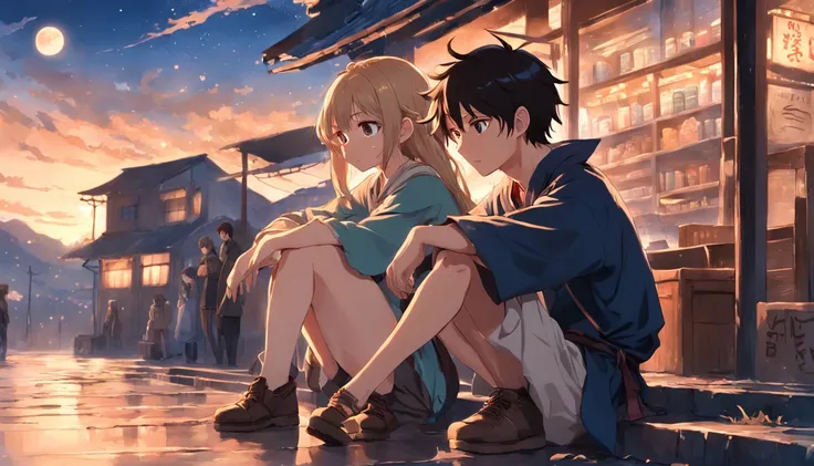 (a brown-eyed, adventurous peasant boy with a sad countenance) and (a young peasant woman), wearing shoes, in a shop, anime style, book cover style, sunset as day gives way to night, a starry sky begins rising above, surrounding image