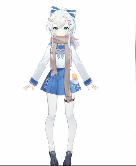 Anime girl in blue dress and white shirt with scarf, render of a cute 3d anime girl, anime vtuber full body model, render of april, live2d virtual youtuber model, Single character full body, clear outfit design, lunar themed attire, anime full body illustr...