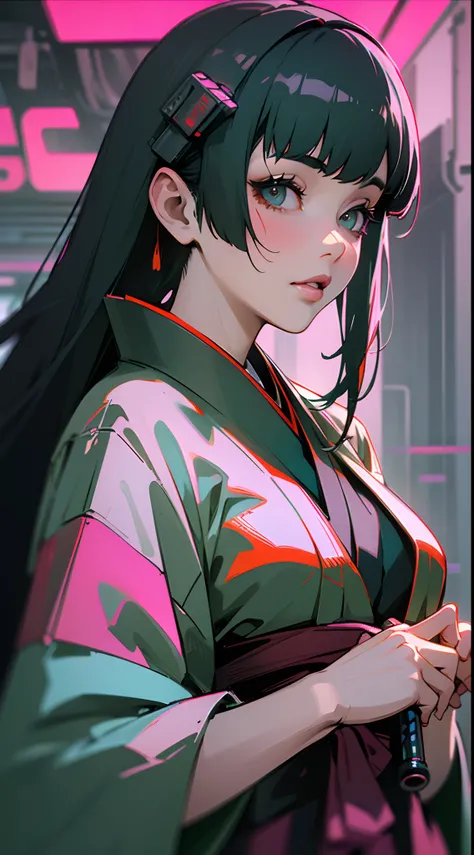 ((Best Quality)), ((Masterpiece)), (High Definition:1.3), 3D, Beautiful (Cyberpunk:1.3), Stylish woman looking at hakama, hakama, kimono, kimono, kobujutsu, black straight hair, blunt bangs, long hair, karateki, flashy colored clothes