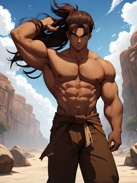 TAN BOY. Conan Exiles Style, standing front, (((((FRONT))))) whole body volumetric lighting, muscles highlighted by light, Young, bald-headed warrior with a short sword, has no chest hair (16 years old) (young face), sun tanned skin (Brown skin), muscular ...