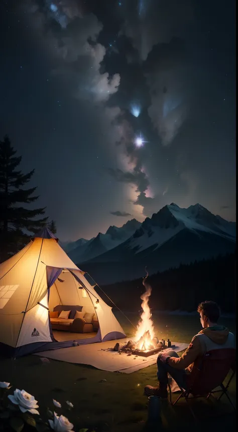 Expansive landscape photograph，（look from down，Above is the sky，Below is an open lawn），Triangle tent，A young couple looking at the stars，starrysky，（moon full：1.2），（meteors：0.9），（Starcloud：1.3），Triangle tent，Hillside camping tents, bonfires, luz de velas，Ro...