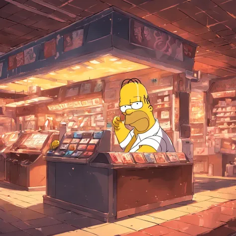 Homer Simpson sits at the cash register，Distribute advertising flyers to promote your own store，The Simpsons, homer simpson