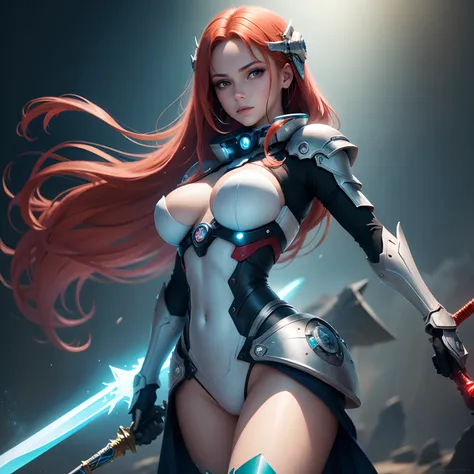 Beautiful girl, red hair, holding sword with neon details, olhos verdes brilhantes(fundo da nave espacial), (Ultra high resolution, realismo, blue skies, photon maping, Radiometria: 1.3), science fiction, fantasia, [: uma garota sexy, (mecha branca e azul:...