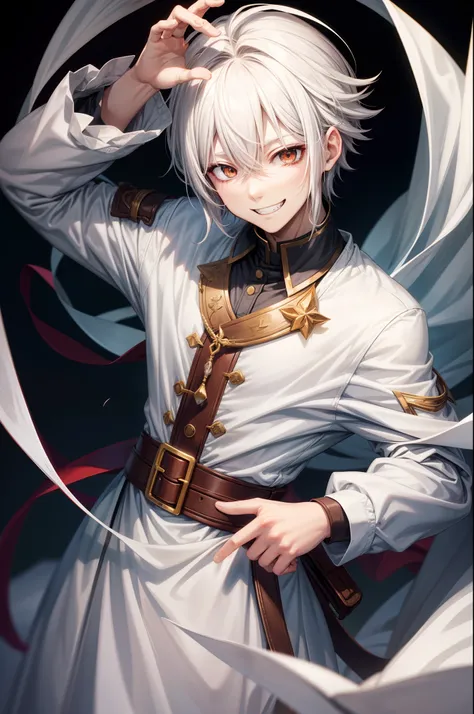 anime boy white hair brown color have a scary smile