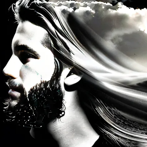 dblxp profile of a young man (endless long extra long wavy hair blown in the wind) made out of a landscape, black background