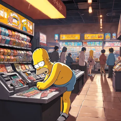 Homer Simpson sits at the cash register，Distribute advertising flyers to promote your own store，The Simpsons, homer simpson