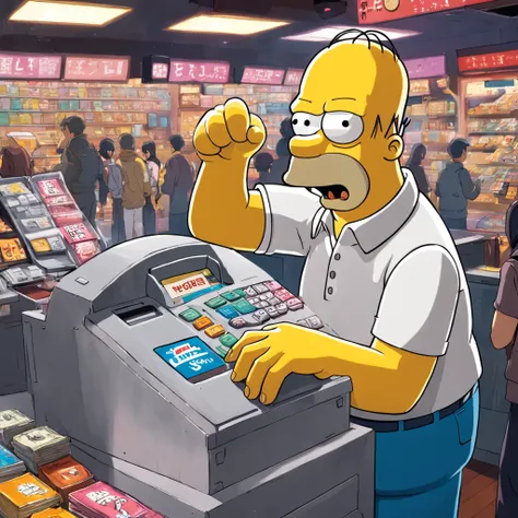 Homer Simpson sits at the cash register，Distribute advertising flyers to promote your own store，The Simpsons, homer simpson