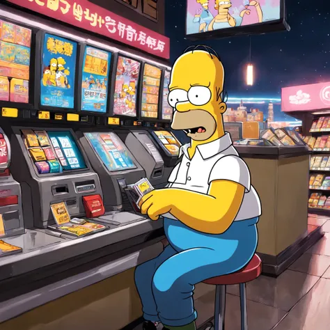 Homer Simpson sits at the cash register，Distribute advertising flyers to promote your own store，The Simpsons, homer simpson