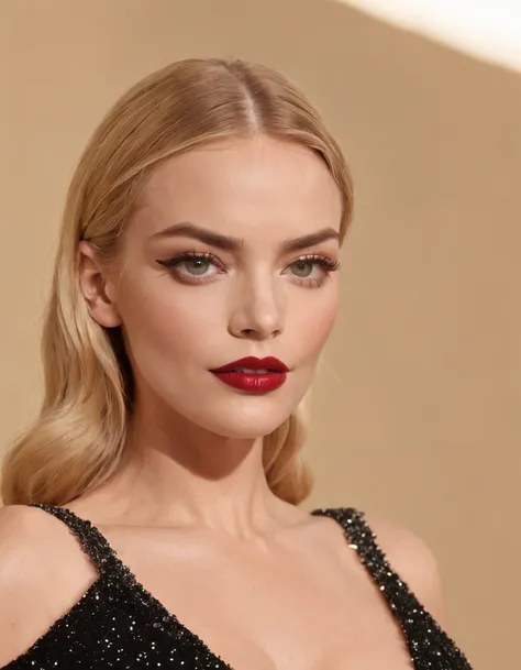 margot robbie, (maquiagem paleta escura), (eyeliner), (red matte lipstick), (ornamental blonde hair), (tight black sparkly dress), descendo uma enorme escada elegante, (rosto insanamente detalhado), (fotografia)