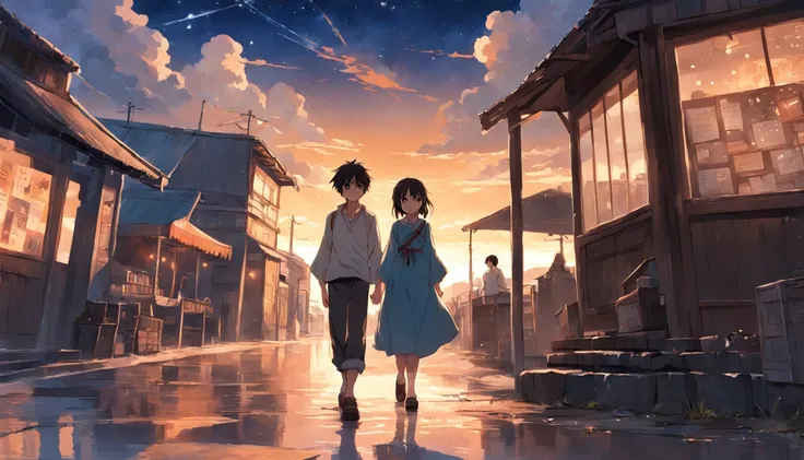 (a brown-eyed, adventurous peasant boy with a sad countenance) and (a young peasant woman), wearing shoes, in a shop, anime style, book cover style, sunset as day gives way to night, a starry sky begins rising above, surrounding image