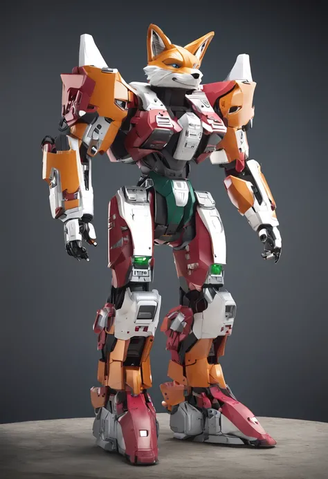 create an image of fox mcloud in a robotic exoskeleton with large muscles that looks like gundam use the colors of his ship and make his face look just like the switch games