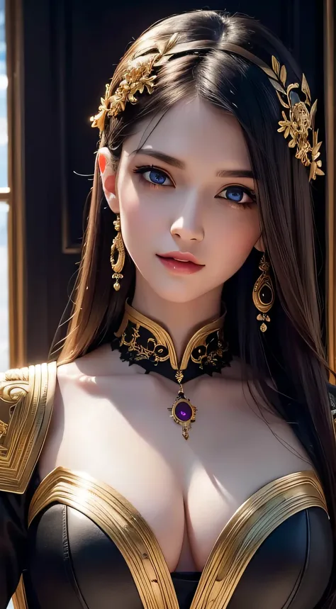 best quality, masterpiece, (realistic:1.2), 1 girl, random hair color, random vampire eyes color, bright skin, beautiful skin, red color lip, Front, detailed face, beautiful eyes, wear golden black mechanical suit , best quality, masterpiece, (realistic:1....