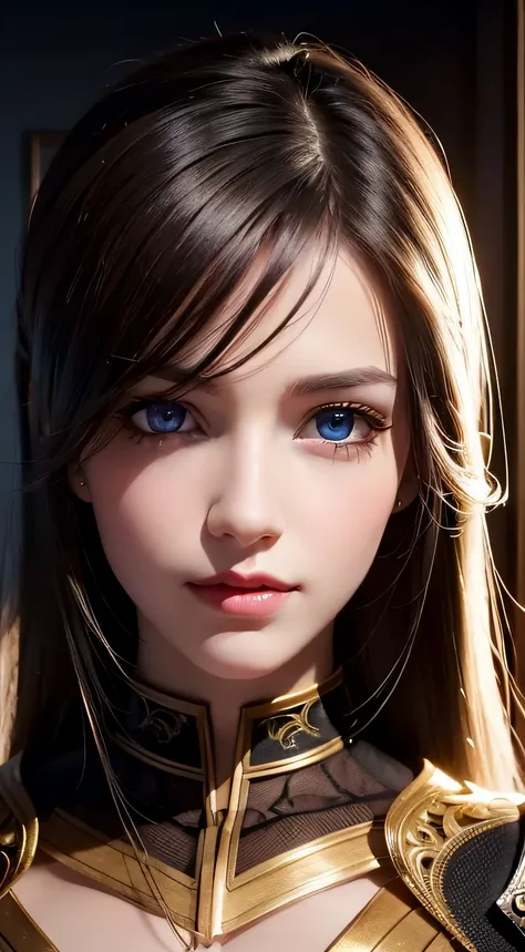 best quality, masterpiece, (realistic:1.2), 1 girl, random hair color, random vampire eyes color, bright skin, beautiful skin, red color lip, Front, detailed face, beautiful eyes, wear golden black mechanical suit , best quality, masterpiece, (realistic:1....