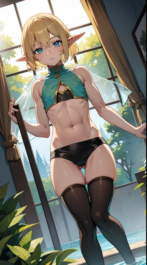 young boy, longue blonde hair, elf ears, turquoise eyes, Yellow in the upper right corner, short, Transparent, open belly, fishnet tights, Masterpiece, hiquality