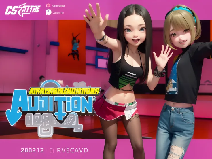 two cartoon girls are standing in a dance studio with their hands up, trending on artistation, cgstation, featured in artistation, arstationhq, trending at cgstation, arstationhd, game cg, imvu, 2002, 2 0 0 2, profile picture 1024px, trending arstationhq, ...