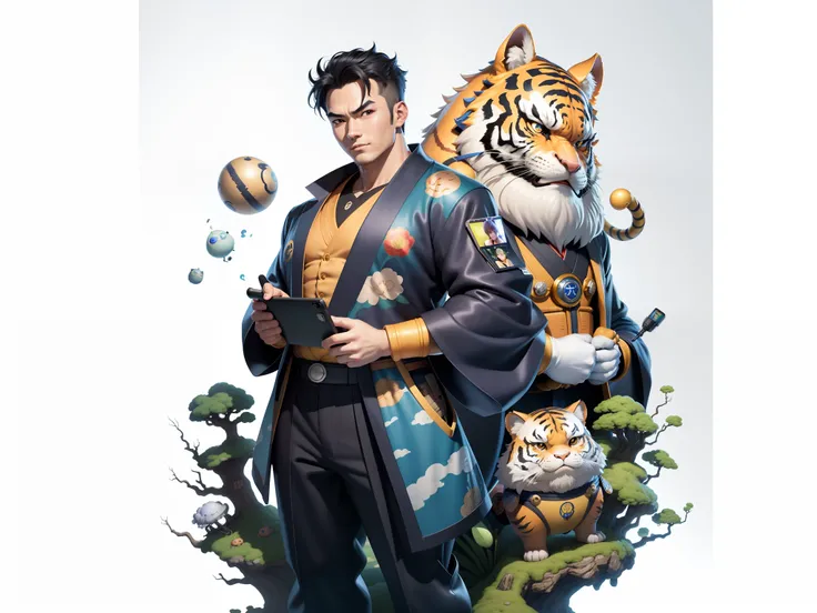 (Masterpiece), (Excellent), (Super Meticulous), (Full Body: 1.2), Super Young Man, Oriental Face, Japanese Kimono, Japanese Wind Thunder God, Dragon, Tiger, TV Anchor, Bust Portrait Illustration, Alone, Black Suit, Blue Tie, Slightly Chubby Face, Very Clea...