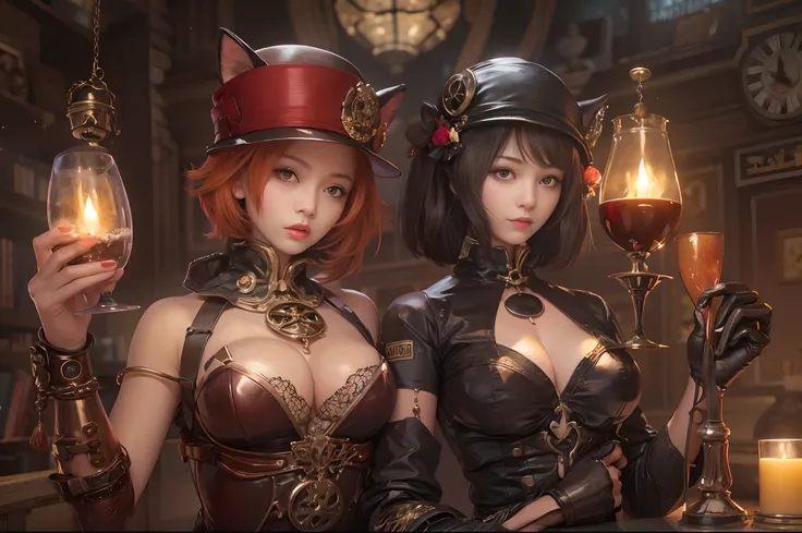 there are 2 girls in a cat suit holding a glas of red wine, steampunk catgirl, candle light, steampunk beautiful anime woman, smal breasts, Art Deco, wlop and sakimichan, ruan jia and artgerm, range murata and artgerm, artwork in the style of guweiz, masay...