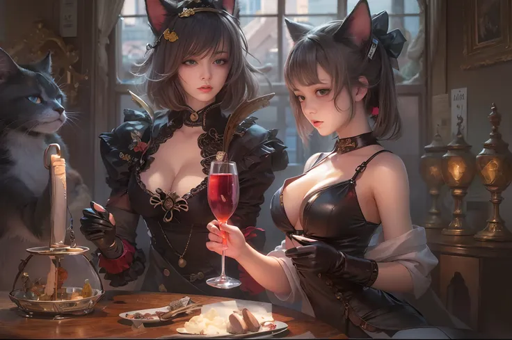 there are 2 girls in a cat suit holding a glas of red wine, steampunk catgirl, candle light, steampunk beautiful anime woman, smal breasts, Art Deco, wlop and sakimichan, ruan jia and artgerm, range murata and artgerm, artwork in the style of guweiz, masay...