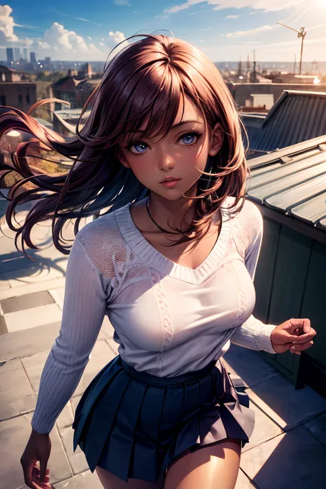 masterpiece, best quality, ultra-detailed, photorealistic, illustration,(1girl),beautiful detailed eyes, wind blowing, rooftop, (sunlight:1.2), (from above:1.1), auburn hair, cute, medium breasts, dark skin, dark tanned skin, plum colored sweater, pleated ...