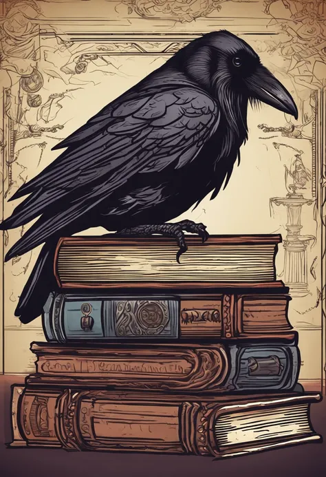 Raven Sitting On A Stack Of Old Books On A Gothic Styled Desk With Steampunk Instruments