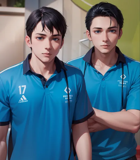 Attractive profile picture, 2 guys, masterpiece, ultra-precise rendering, beautiful and cool young man, trustworthy, dependable young man, savior of the world, simple design, 4k, polo shirt.