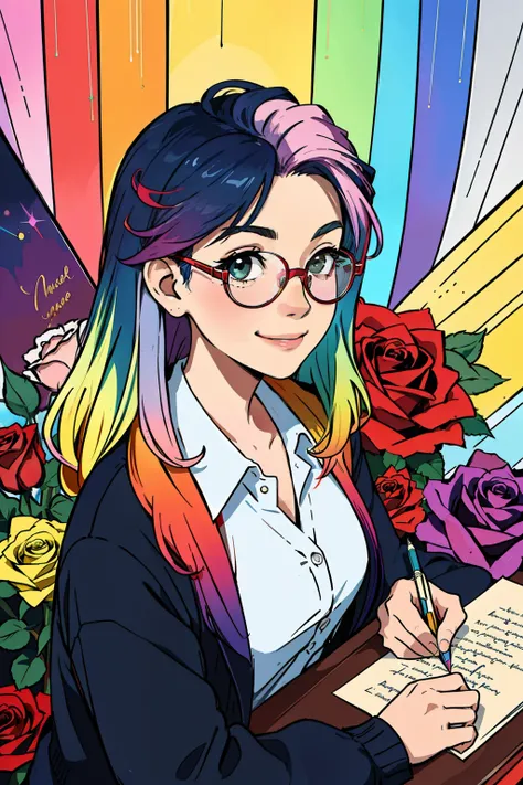 (masterpiece, top quality, best quality,official art, beautiful and aesthetic:1.2),(1girl:1.3),patterns,(rainbow color Hair,colorful hair), background with red roses, wear glasses, smile, writer, paper, pen, modern clothes, writer, writing, cool, thinking,...