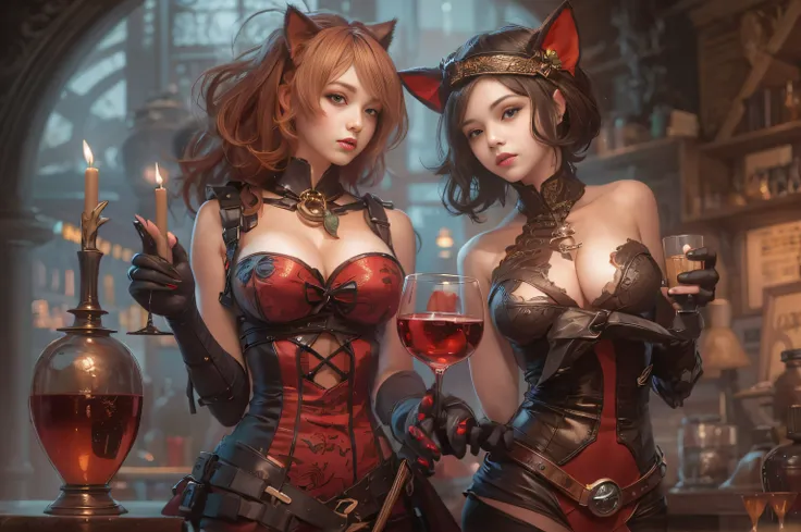 there are 2 girls in a cat suit holding a glas of red wine, steampunk catgirl, candle light, steampunk beautiful anime woman, smal breasts, Art Deco, wlop and sakimichan, ruan jia and artgerm, range murata and artgerm, artwork in the style of guweiz, masay...