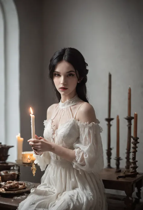 ((melhor qualidade)), ((master piece)), ((Perfect face)), one innocent girl with black hair, using white flawlless dress, kneewing in front a lower table, holding a candle, doing a satanic ritual, chilling lights, a monster in the shadows of the room