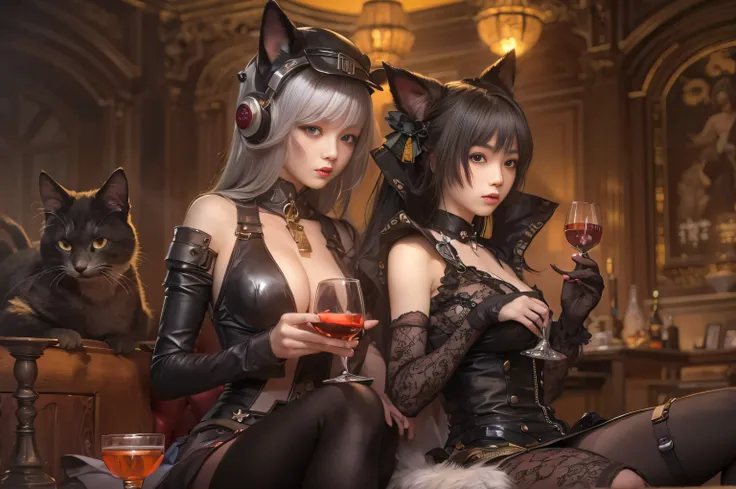 there are 2 girls in a cat suit holding a glas of red wine, steampunk catgirl, candle light, steampunk beautiful anime woman, smal breasts, Art Deco, wlop and sakimichan, ruan jia and artgerm, range murata and artgerm, artwork in the style of guweiz, masay...