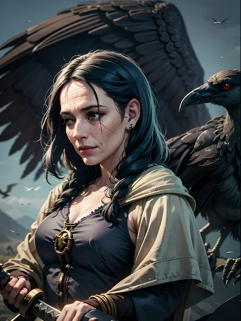 A old hag with wrinkles on her face holding a sword diagonally with crows in the background and in front the morrigan symbol --auto --s2