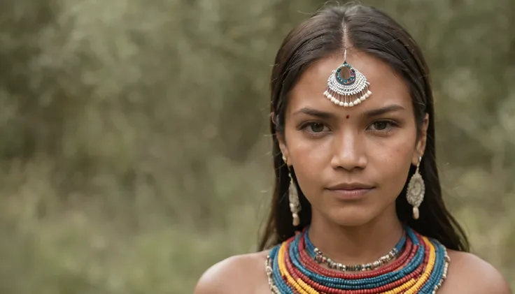 crie um retrato de muma mulher indigena com criancas com um fundo mostrando ocas na floresta