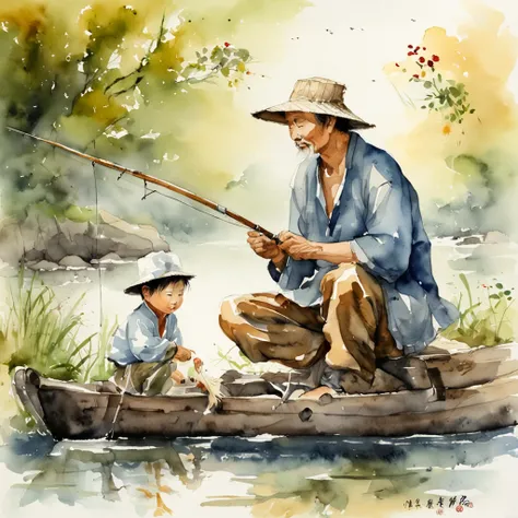 a father and son fishing, Chinese ink brush