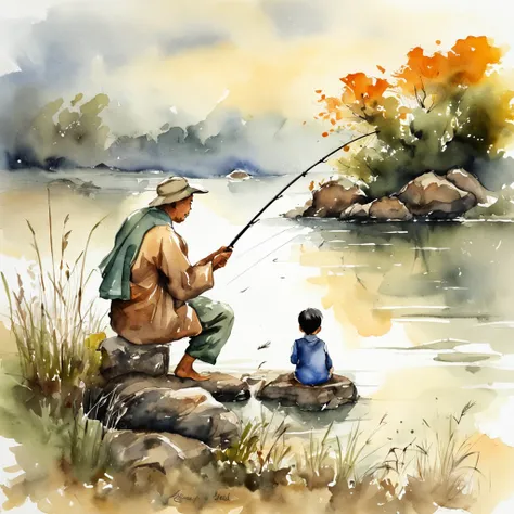 a father and son fishing, Chinese ink brush